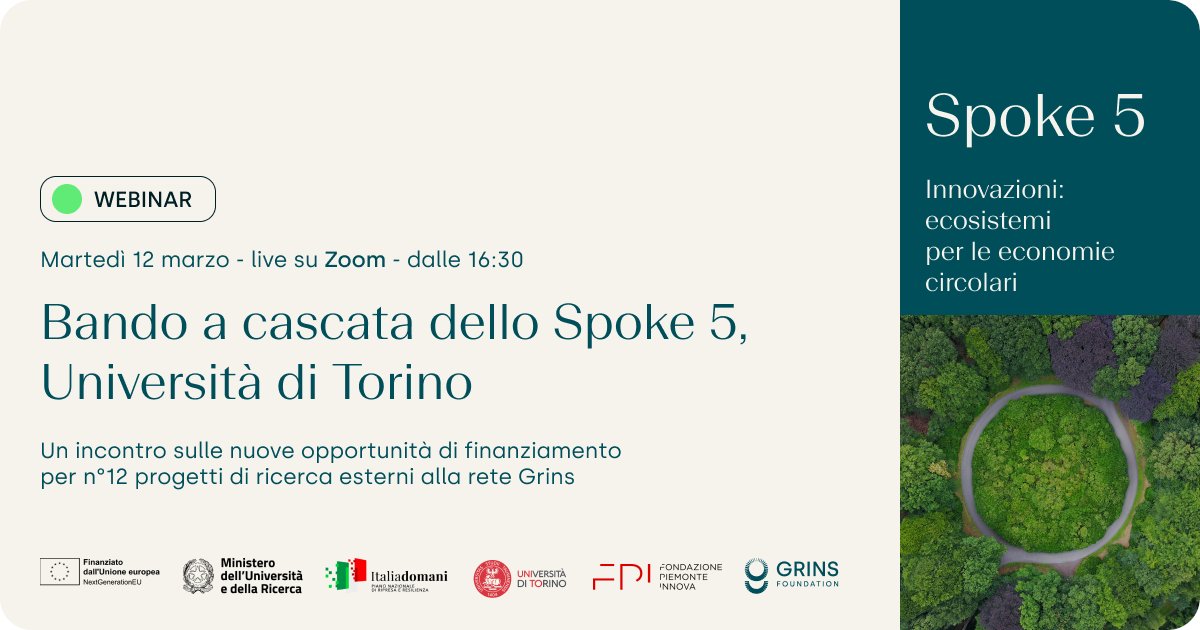 GrinsFoundation's tweet image. 🚀 Webinar sul Bando a Cascata #Spoke5 - @unito 
Vorresti saperne di più sulle opportunità di finanziamento? Partecipa al #webinar Zoom del 12 marzo organizzato con Fondazione Piemonte Innova.

Per iscriversi 👉 us02web.zoom.us/webinar/regist…

Per informazioni sul bando a cascata 👉…