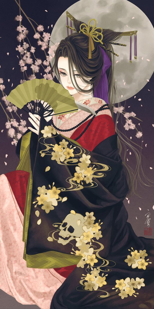 1girl solo hand fan japanese clothes moon kimono long hair  illustration images