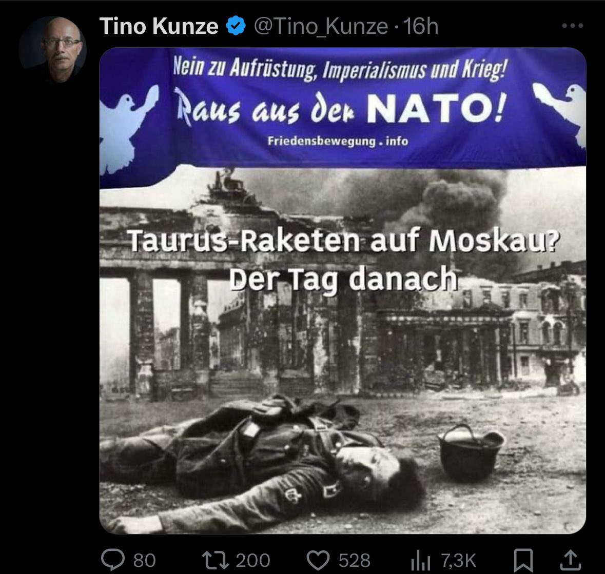 Wenn Deutschland #TaurusForUkraine liefert, liegen am nächsten Tag tote Wehrmacht soldaten vor dem Brendanburger Tor?

Ist es möglich, dass @Tino_Kunze auch Nicht mehr ganz frisch im Kopf ist?

VielleicHt sollte mal jemand dem Pflegepersonal bescheid geben!

#AfDmachtDumm