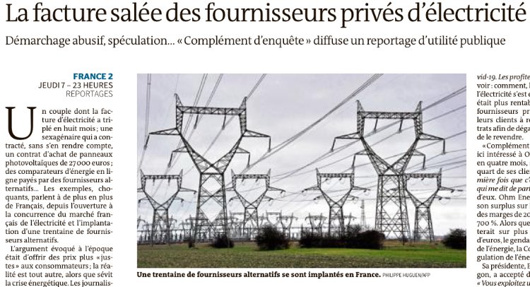 ⚡️"Démarchage abusif, spéculation... #ComplémentDenquete diffuse un reportage d'utilité publique", d'après <a href="/lemondefr/">Le Monde</a> 

📺"Electricité, l'injuste prix" de <a href="/puffeney/">Hugo Puffeney</a> <a href="/JonasJuliette/">Juliette Jonas</a> <a href="/Lena_Pres1/">Léna Prestel</a>, c'est ce soir à 23h sur France 2