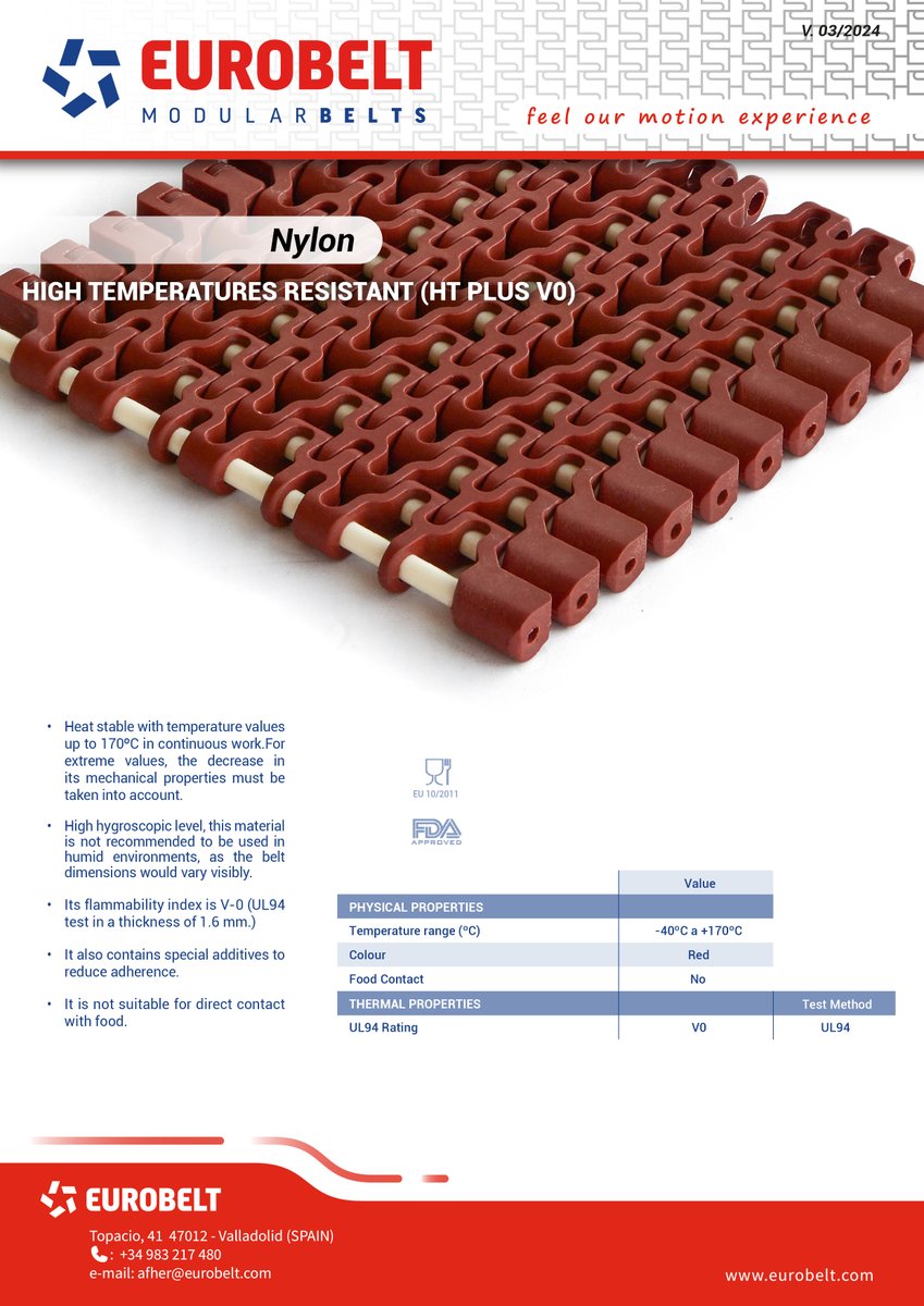 EurobeltGroup's tweet photo. HIGH TEMPERATURE APPLICATIONS 🌡 🔥
Applications which require temperatures up to 200°C and where the conveyor belt needs to be in contact with food.

📄 Discover the specifications about Nylon HT, Nylon HT plus V0 and PPS ⬇ ⬇

#conveyorbelts #modularbelt #bandasmodulares https://t.co/sPPGDo7meO