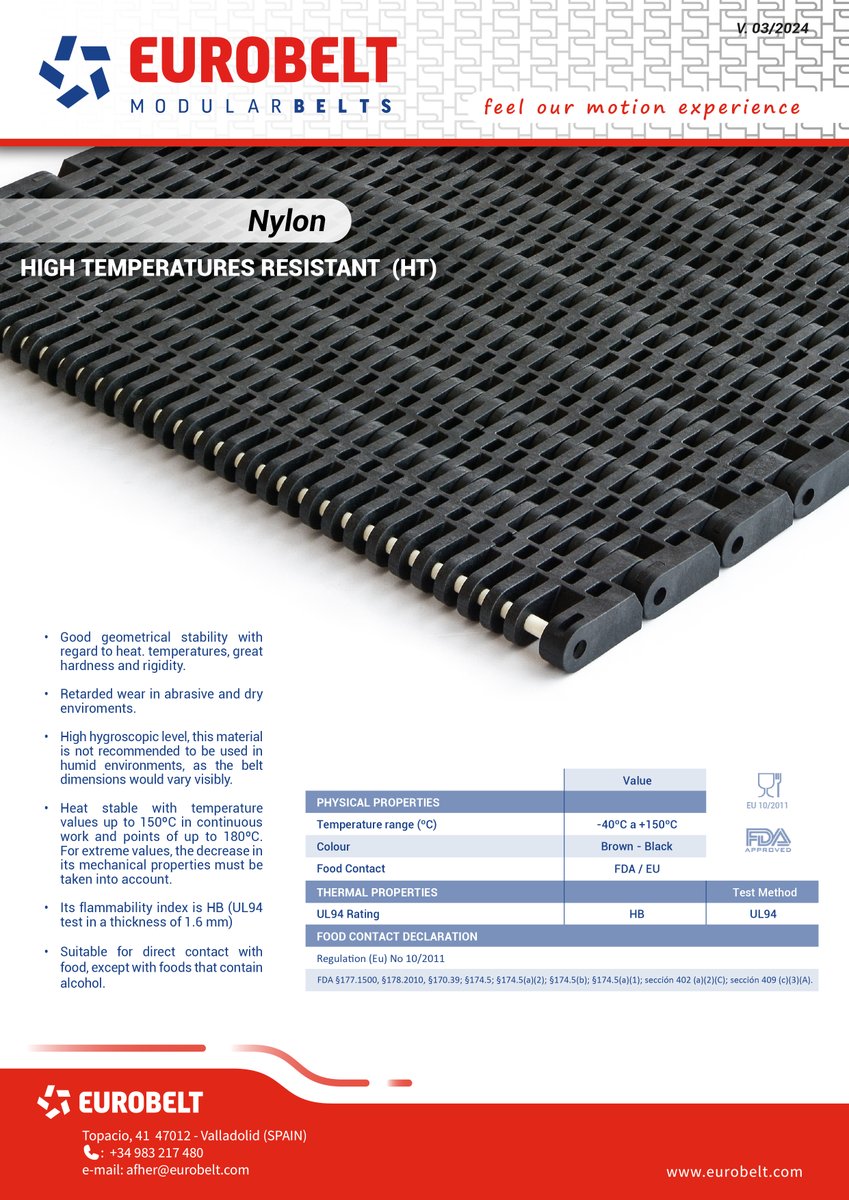 EurobeltGroup's tweet photo. HIGH TEMPERATURE APPLICATIONS 🌡 🔥
Applications which require temperatures up to 200°C and where the conveyor belt needs to be in contact with food.

📄 Discover the specifications about Nylon HT, Nylon HT plus V0 and PPS ⬇ ⬇

#conveyorbelts #modularbelt #bandasmodulares https://t.co/sPPGDo7meO
