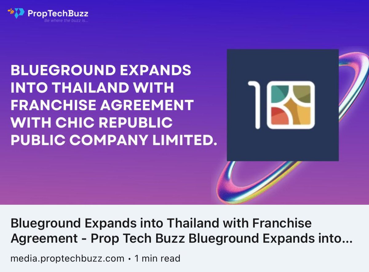 proptechbuzz's tweet photo. Redefining living spaces worldwide, @theblueground , led by Christos Misailidis, chief sales and chief strategic partnerships officer, ventures into #Thailand with a strategic #partnership with Chic Republic. Read more: https://t.co/8naosmxQDI
#Blueground #RealEstate #expansion https://t.co/7CSeVNuOmC