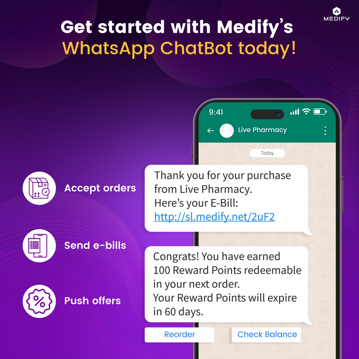 MedifyNexus's tweet photo. Medify integrates with a WhatsApp bot that ensures your customers stay connected 24x7. From order confirmations to exclusive promotions and e-bills, we've got you covered. Enjoy added perks like appointment bookings &amp; in-store offers right at your customers' fingertips. #WhatsApp https://t.co/qwwzpdCsv4