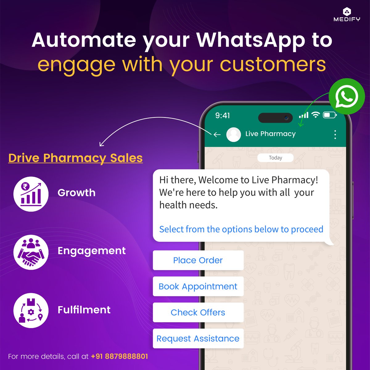 MedifyNexus's tweet photo. Medify integrates with a WhatsApp bot that ensures your customers stay connected 24x7. From order confirmations to exclusive promotions and e-bills, we've got you covered. Enjoy added perks like appointment bookings &amp; in-store offers right at your customers' fingertips. #WhatsApp https://t.co/qwwzpdCsv4