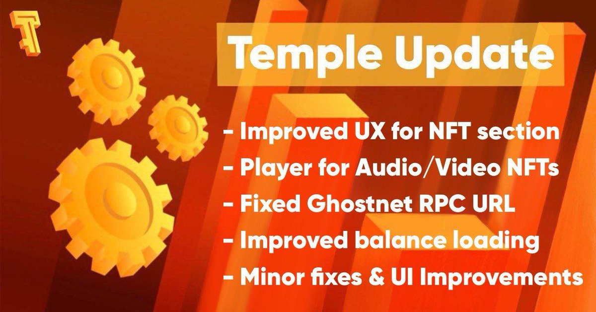 🔥 New Update for Temple Wallet Extension available!

- Improved UX for NFT section
- Player for Audio/Video NFTs
- Fixed Ghostnet RPC URL
- Improved balance loading

As well as other minor fixes and UI improvements. Update your Temple extension to discover the latest changes! 🛠