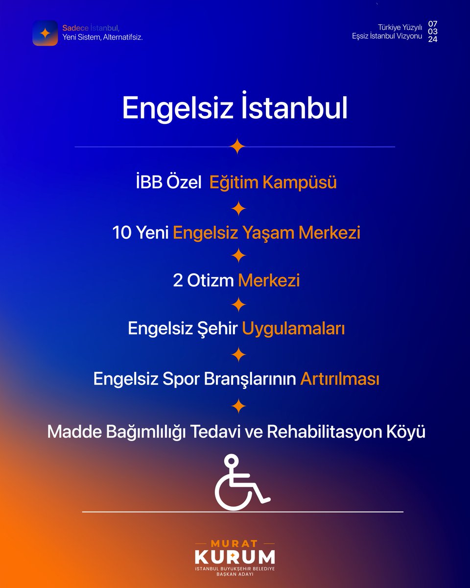 Eşsiz Şehir İstanbul annelerin, çocukların, büyüklerin, engellilerin bütün imkânlara erişebildiği bir şehir olacak.

Beş yıllık fetret dönemi bitecek, İstanbullular hep gülecek.