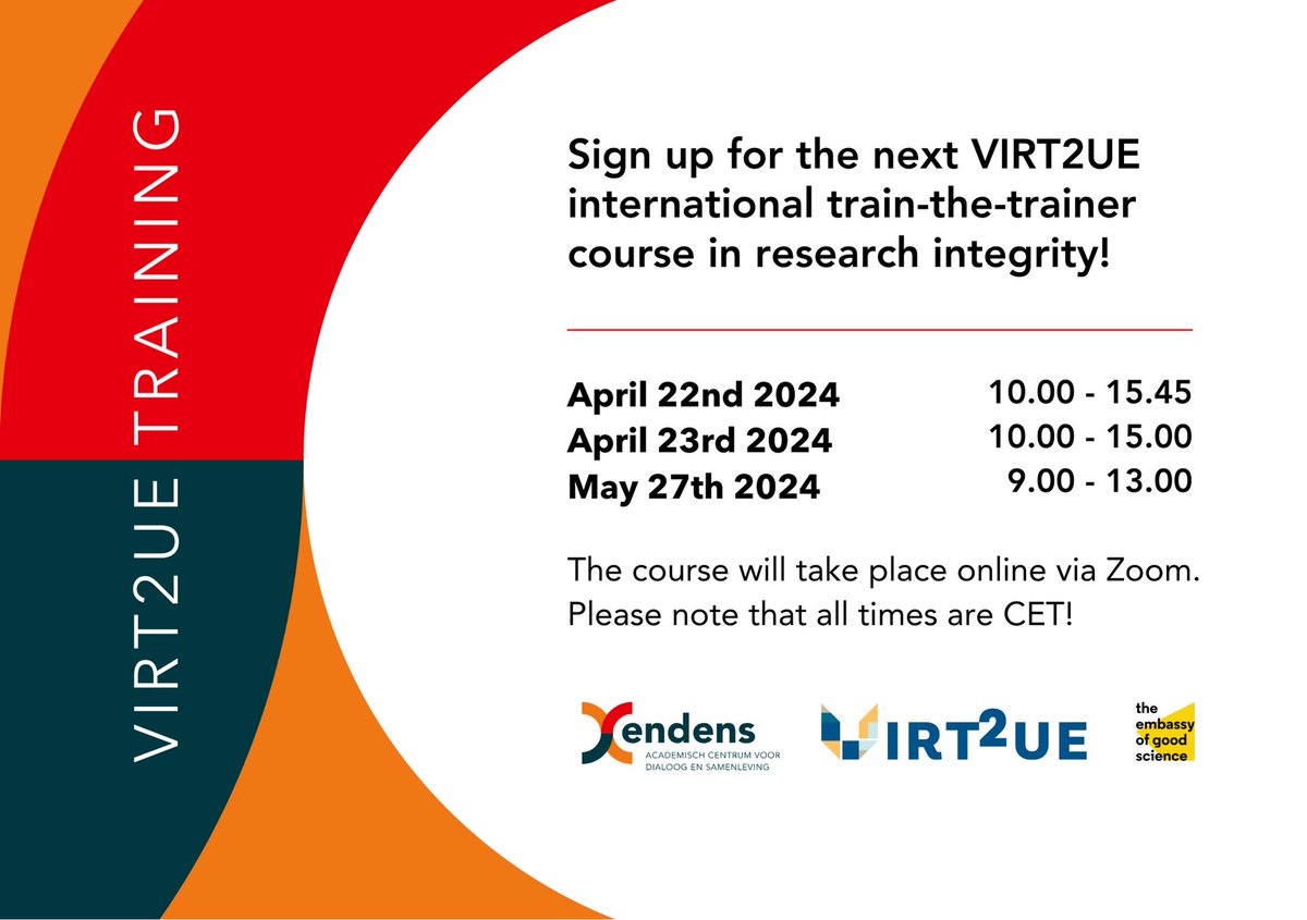 🚨NEW VIRT2UE TRAININGS ANNOUNCED!🚨 The next edition of our train-the-trainers course in #ResearchIntegrity will take place in April and May! Are you interested in becoming a VIRT2UE trainer? For more information and registration, click here 👉 tinyurl.com/virt2ue24