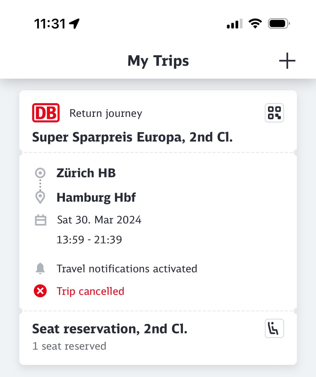twesterhuys's tweet photo. @DB_Bahn meine Fahrt vom 30.3. wird mir als gecancelt angezeigt. Im Fahrplan gibt es den selben Zug (ICE 70) zu einer leicht anderen Zeit jedoch noch. Was heißt das? https://t.co/vPbE4Ugnsg