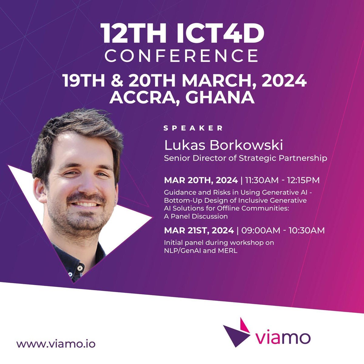 Exciting news! Our team will speak at the <a href="/ICT4DConference/">ICT4D Conference</a>. 

They'll showcase Viamo's innovative GenAI-powered voice companion,  designed explicitly for basic non-internet phones, a game-changer for helping offline communities access information. #ICT4D #ICT4D2024 #GenAI