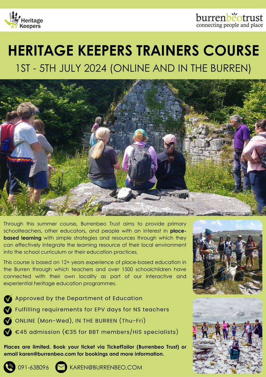 Bookings are open for our annual #HeritageKeepers trainers course (1st-5th July 2024)! The course is approved by the Dep of Education. Adm: €45 (general) or €35 (BBT members/HiS specialists). Places are limited. Bookings and more info via tickettailor.com/events/burrenb…