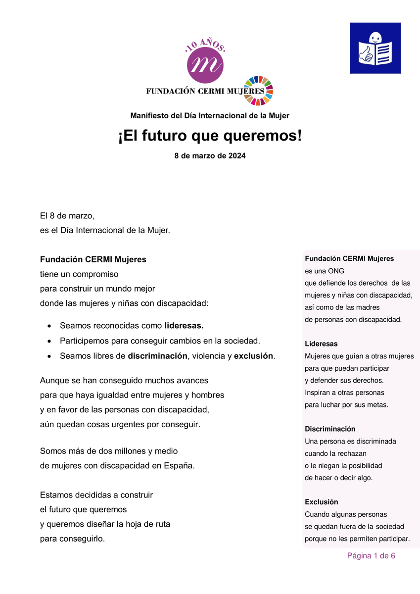 Plenainclusion's tweet photo. 🟪 ¡Hoy es #8M, Día Internacional de la Mujer! Compartimos el manifiesto en #lecturafácil de @FCERMIMujeres

#MujeresQueHacenHistoria y ¡futuro!

⬇️ Descarga
https://t.co/zftFFciW2o https://t.co/wk8M94Pc0s