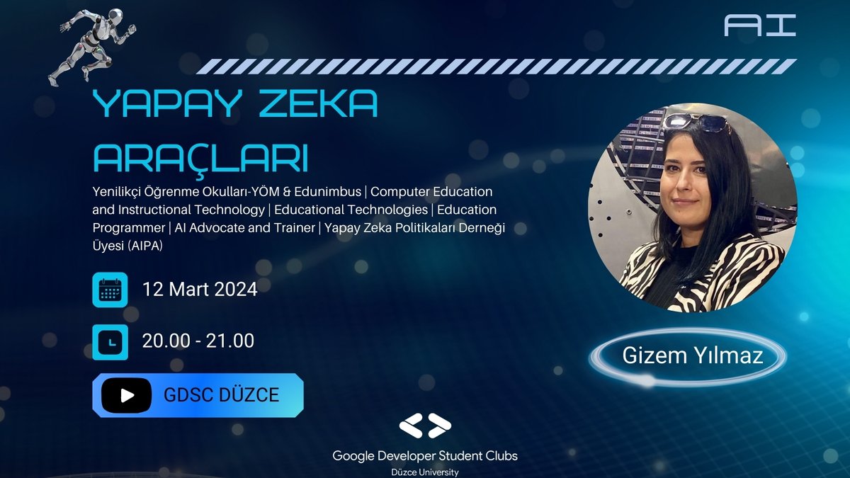 Herkese merhaba!❤️💙💚💛

12 Mart'ta gerçekleştireceğimiz etkinliğimizde sizi, yapay zeka dünyasının gizemli kapılarına davet ediyor, deneyimli konuğumuzla bir araya getiriyoruz.                                               
Sizleri etkinliğimizde görmek için sabırsızlanıyoruz!
