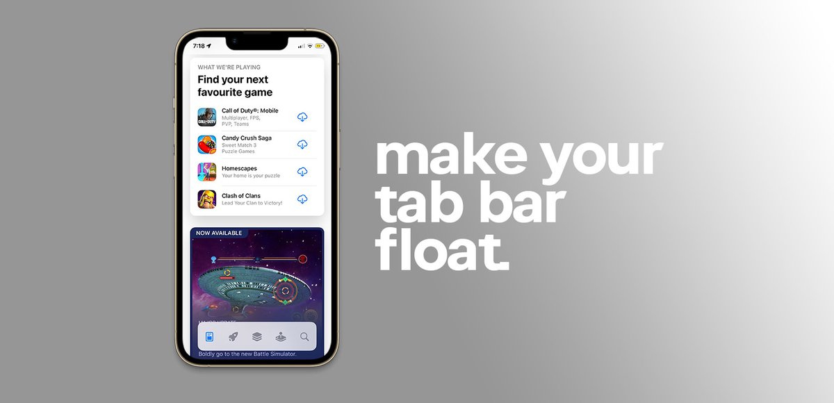 💥Fiona #Giveaway
Make your tab bar float.  

To participate:  
- Follow me  
- Retweet and like this tweet    
10 winners will be picked randomly in 24 hours :) 
   
Don't want to wait? Get it now on Havoc: havoc.app/package/fiona