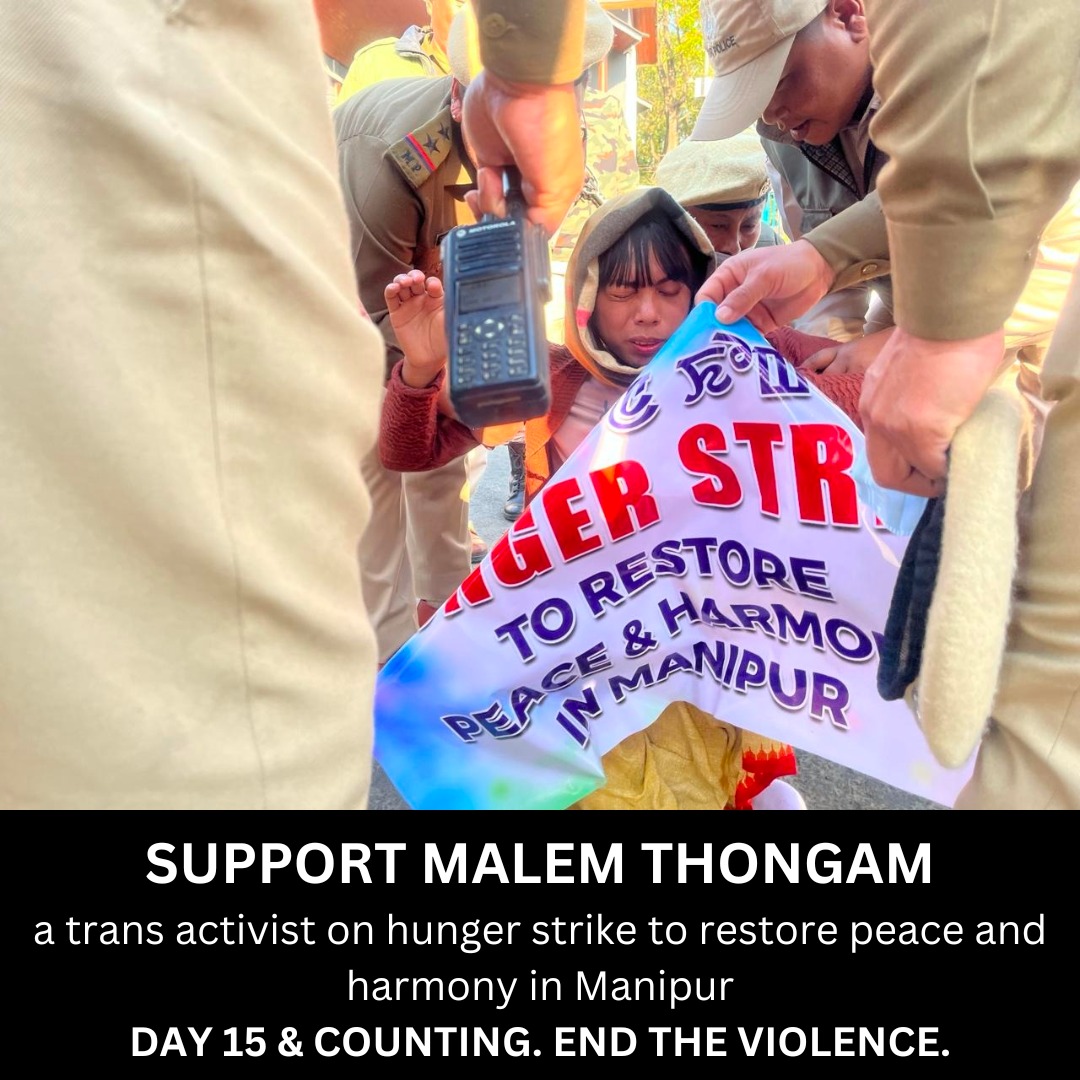 🚨🚨 URGENT: Malem Thongam is a trans activist from Manipur, now on DAY 15 of her hunger strike to end the ongoing violence in Manipur. The state has neglected this brave fight, so it is on us to spread awareness. BOOST+REPOST!
@KhuraiSanta
#peaceinmanipur #supportmalemthongam