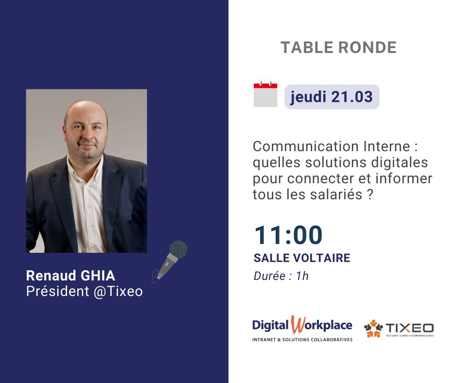 🗓👋J-12 : venez assister aux interventions des équipes <a href="/Tixeo/">Tixeo</a> durant le salon Digital Workplace <a href="/DigitWorkplace/">Digital Workplace</a> 

Inscrivez-vous dès maintenant en demandant votre badge visiteur 👉salon-intranet.com/visiter.php
Toutes les infos 👉tixeo.com/tixeo-particip…