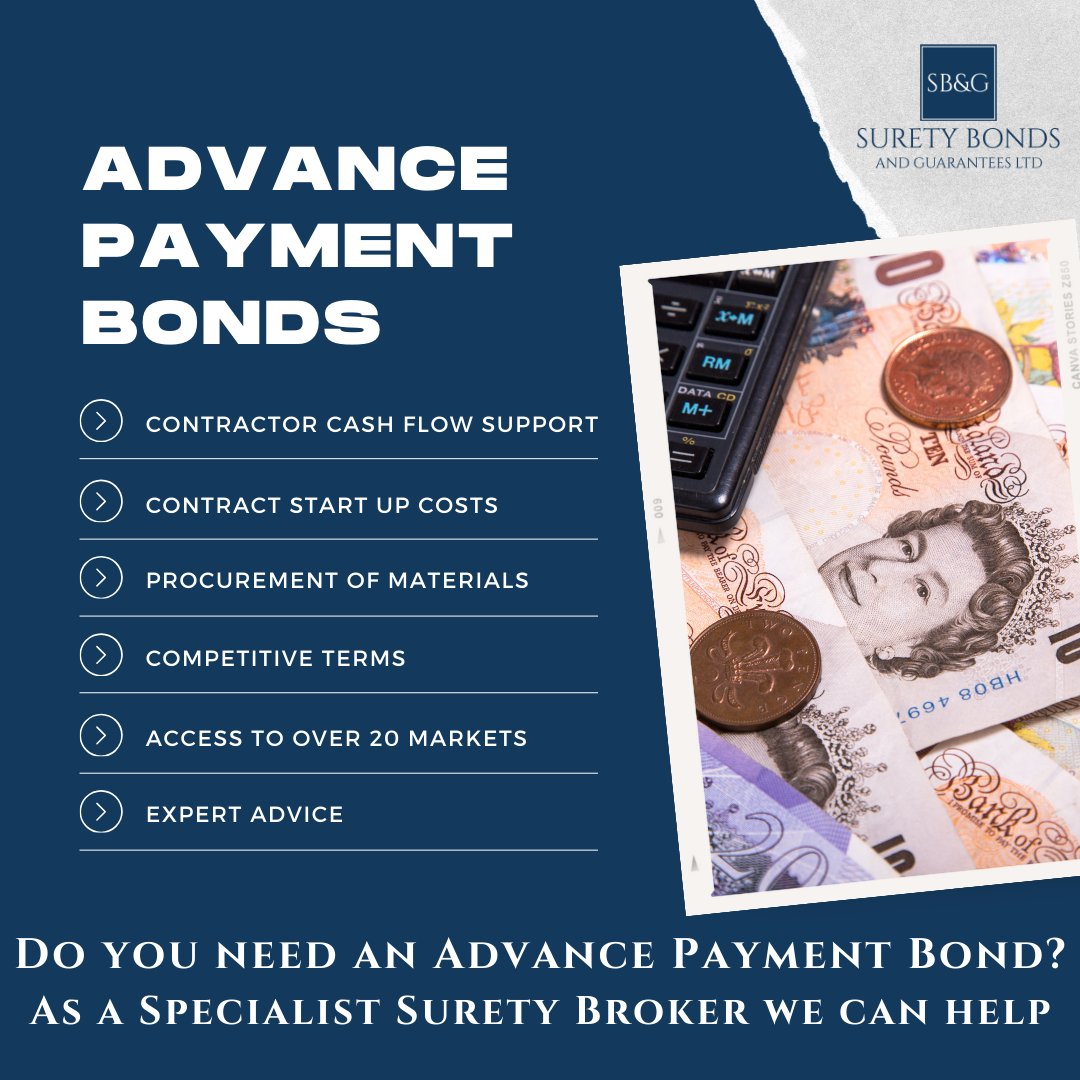 Advance Payment Bonds
Many contractors ask for upfront payments to support the cost of pre ordering materials and similar costs. Employers will ask for an Advance Payment Bond to protect this money.

Our team can place your next Advance Payment Bond.
T:02476017646