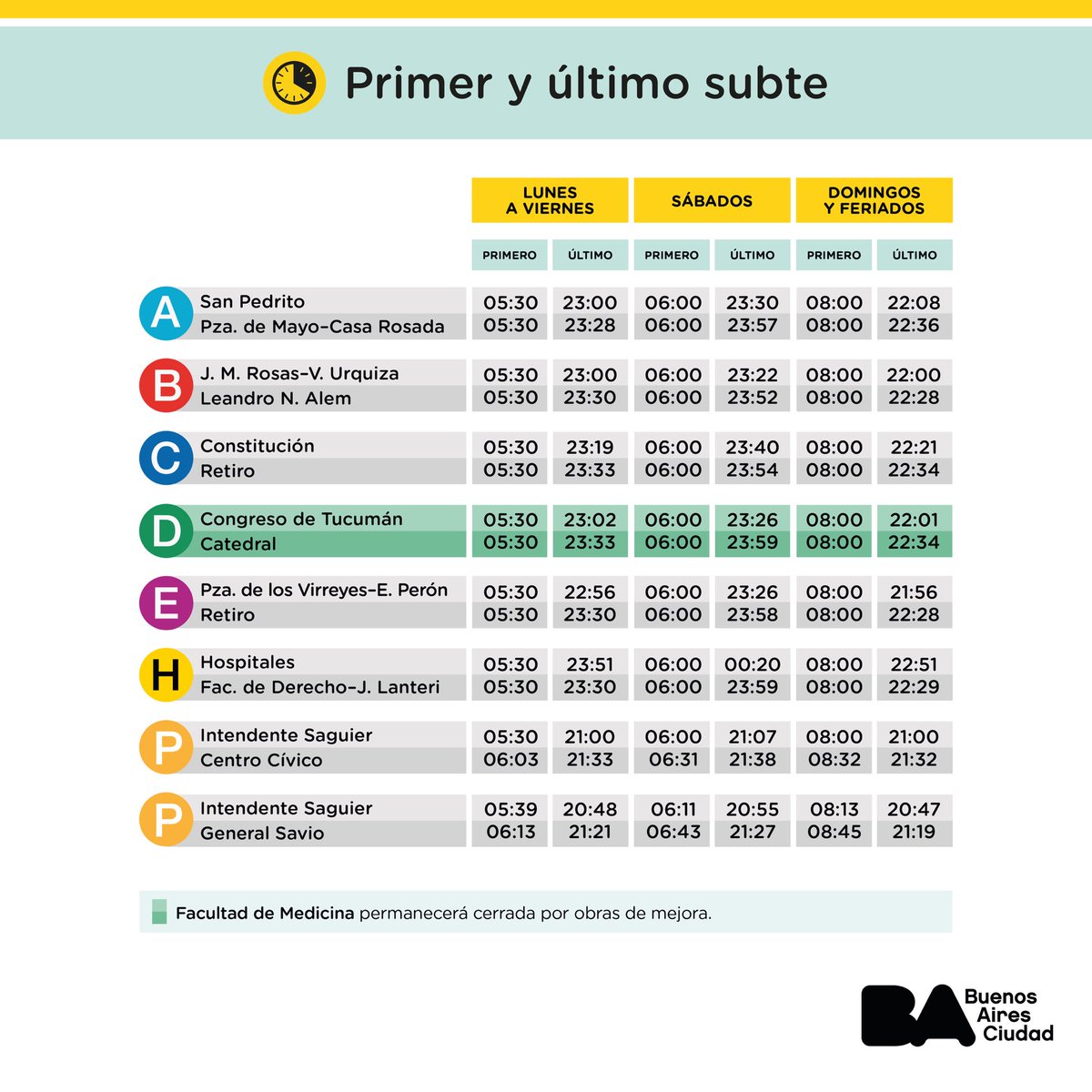 basubte's tweet image. ¡Volvió la #LíneaD!

El servicio ya se encuentra operativo.

Recordá que la estación Facultad de Medicina continúa cerrada por obras de renovación integral.