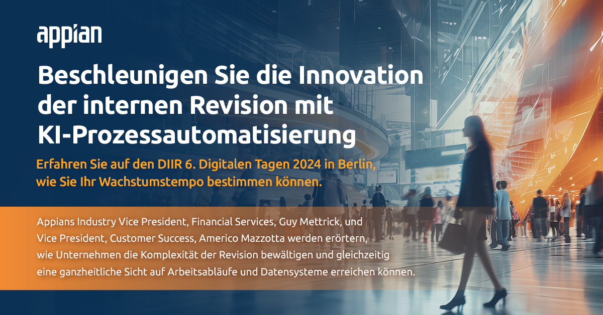 AppianDE's tweet image. Können #Prozessautomatisierung und #Datenfabric die interne Revision verändern?

🙌 Seien Sie bei den 6. Digitalen Tagen dabei und hören Sie von Guy Mettrick, Industry Vice President, Financial Services, und Vice President, Customer Success, Americo Mazzotta wie Unternehmen die…
