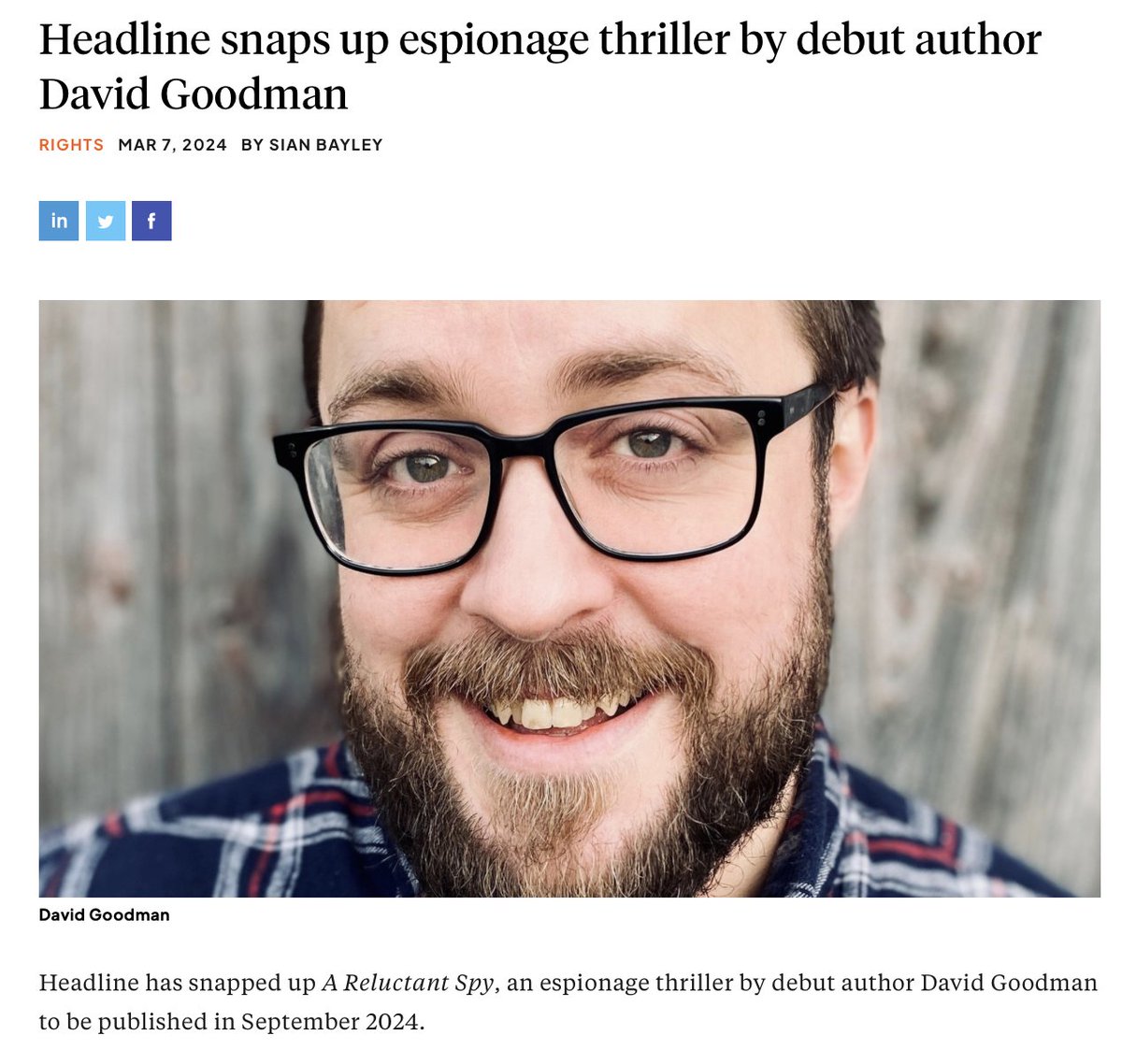 I am delighted, excited and still slightly stunned to announce that my debut novel, 'A Reluctant Spy', has been acquired by @headlinepg thebookseller.com/rights/headlin…
