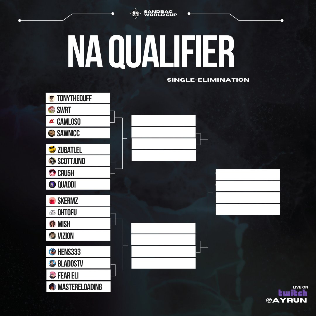 This is the line up for the 1000$ Sandbag Tournament Hosted Live on my Twitch Channel Tomorrow at 6PM GMT, see you all there!