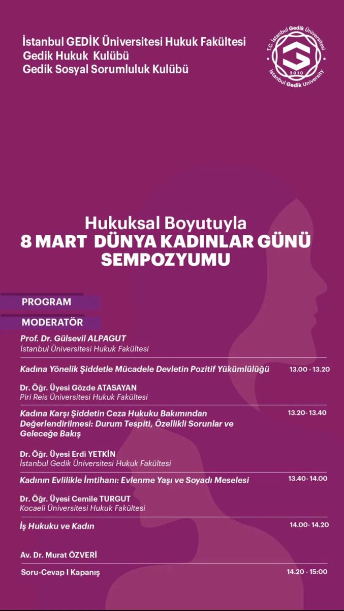 🗓️ 8 Mart #cuma 🕞 13.00 ✅ Düzenleyen: İstanbul Gedik Üniversitesi Hukuk Fakültesi, @GedikHukuk, Gedik Sosyal Sorumluluk Kulübü 💬 Gülsevil Alpagut, @AtasayanGozde, @erdiyetkinn, @CemileTurgut_, @MuratOzveri 📢 Yaklaşan hukuk etkinlikleri: turkiyehukuk.org/etkinlik/ 🔹Bizi takip…