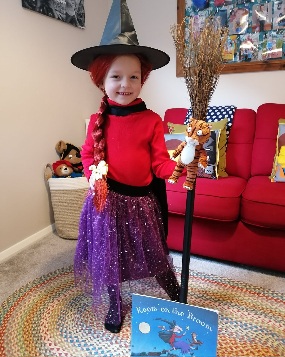 Betsy-Boo is very sad to be missing #WorldBookDay at school! 📖🙃🤒 This girl loves to read!! Here's a picture of her as her favourite character, the 'Witch' from Julia Donaldson's Room on the Broom! 😘🧹🐱🐸 #betsyboo #wbd2024 #roomonthebroom #juliadonaldson @BLVISchool