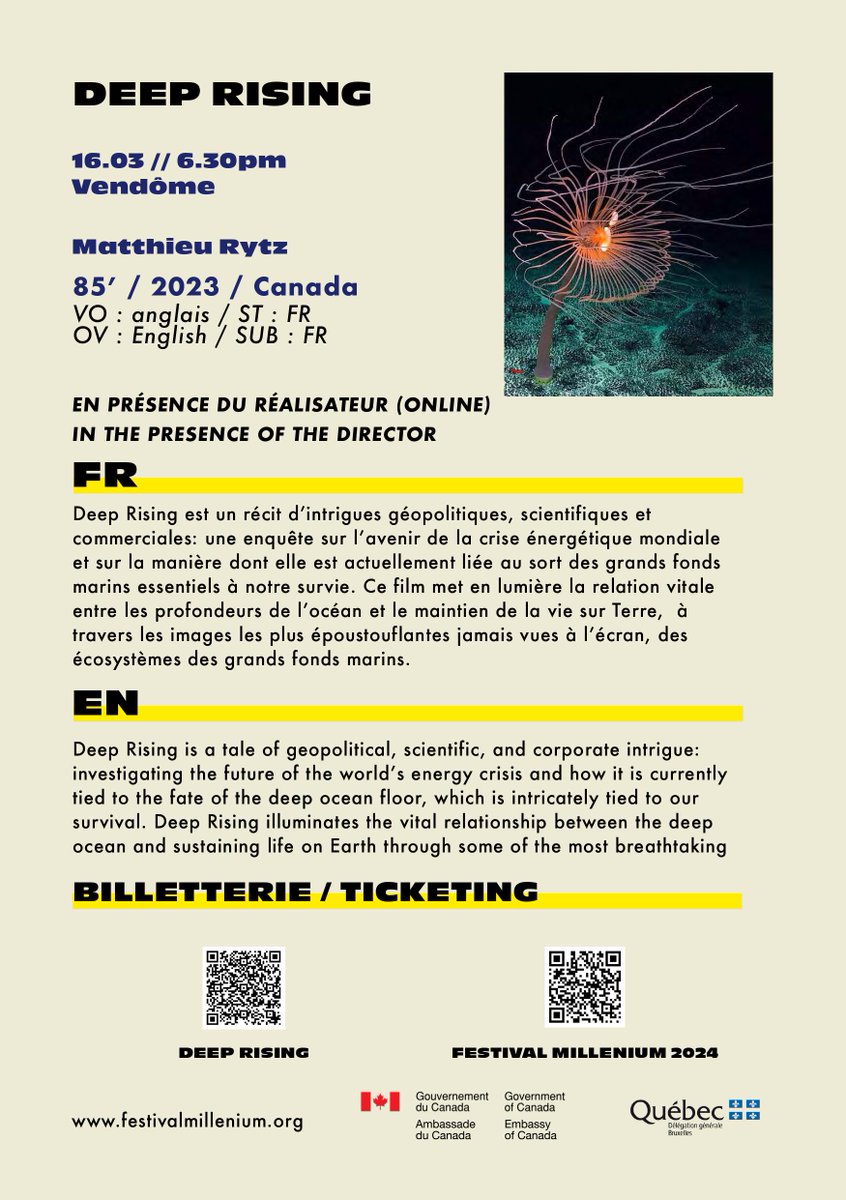 AmbCanBeLux's tweet image. 🌊À ne pas manquer :

Plongez en profondeur dans la géopolitique des fonds marins et leur écologie fragile avec le docu-film 'Deep Rising' du réalisateur 🇨🇦 Matthieu Rytz au @MilleniumFest !

Intéressé.e? Achetez vos billets ici 👇 festivalmillenium.org/fr/programmes-…