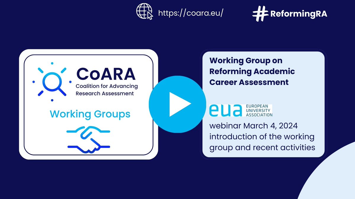 Find the latest webinar hosted by @euatweets, introducing the #CoARA Working Group Reforming Academic Career Assessment! ▶️📽️bit.ly/4a2SWdu 📝The WG is seeking your input! Fill out the survey on mapping initiatives of academic #careerassessment: bit.ly/42wGW1i