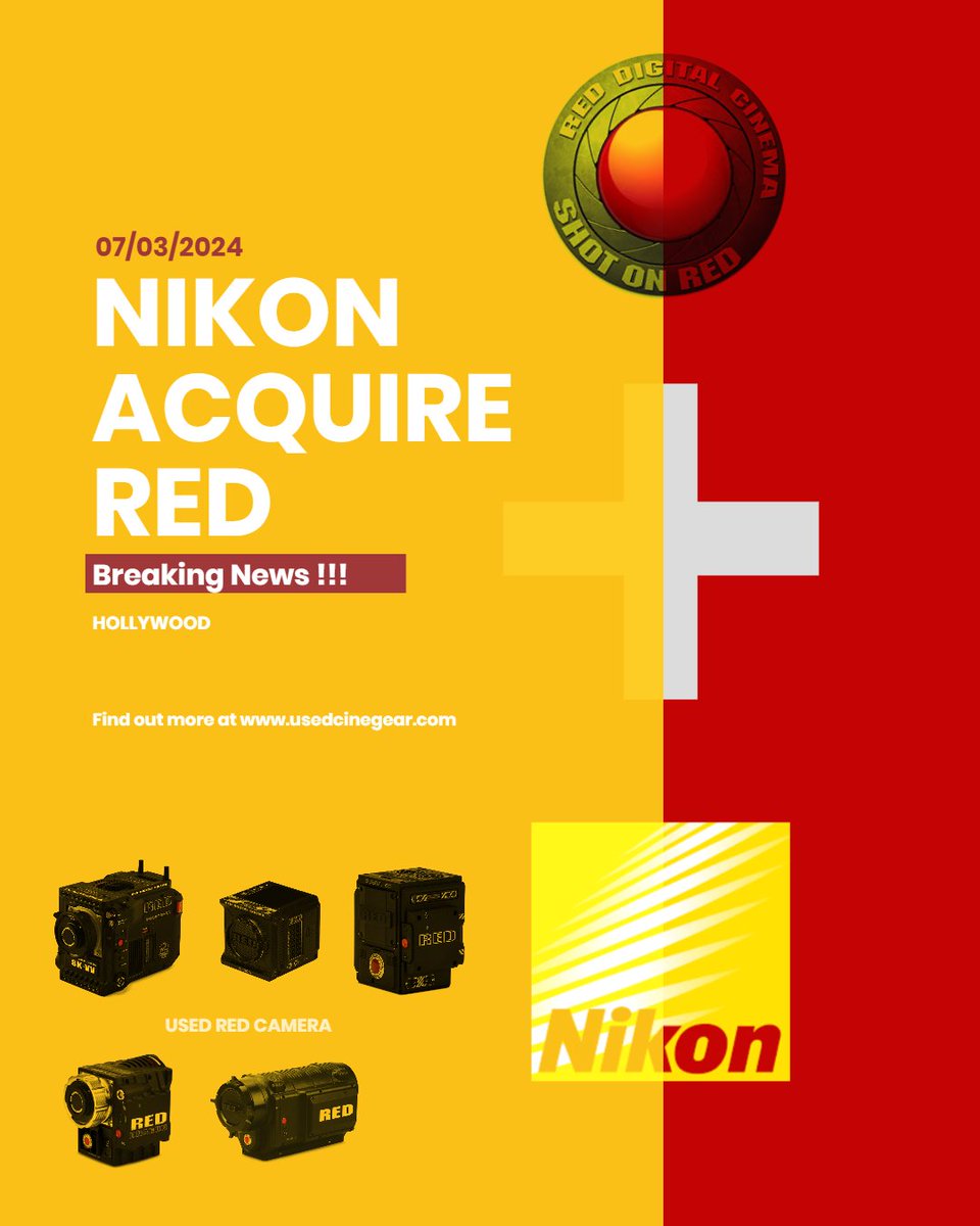 usedcinegear's tweet photo. RED Digital Cinema (https://t.co/RF0TpBtfcc, LLC), is excited to announce being acquired by Nikon Corporation (Nikon)...
At the moment, if you are finding or selling your used/preowned RED cinema cameras, please contact @usedcinegear for assisting.
#REDcinema #Nikon #REDcamera https://t.co/kdRHmYXFko