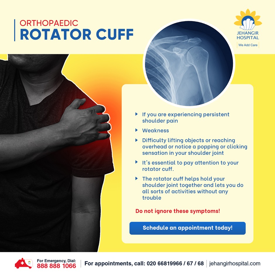 JehangirCare's tweet photo. Suffering from rotator cuff issues? Rotator cuff surgery aims to repair damaged tendons or muscles, alleviating persistent pain, weakness, and limited range of motion in the shoulder.
#JehangirHospital #WeAddCare #PatientFirst #LiveHealthy #PatientCare #Rotatorcuffsurgery https://t.co/BYmwJ8AF5U