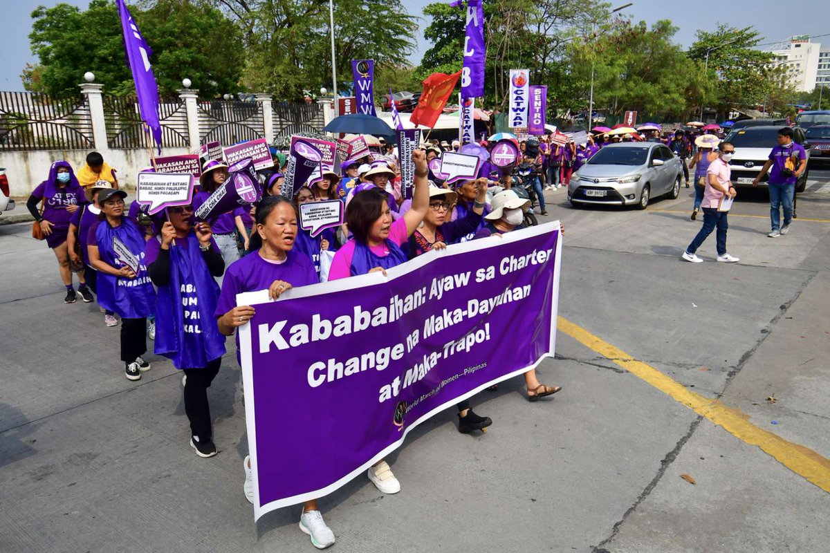 ABSCBNNews's tweet photo. Multisectoral women's groups picket in front of the Senate in Pasay City on Thursday, March 7, 2024, calling against moves for a charter change on the eve of International Women's Day.  

The groups expressed concern that charter change proposals are likely to advance pro-foreign interests and tolerate pro-traditional politicians, which, according to the protesters, would adversely impact Filipino women. 

(📷 : Mark Demayo, ABS-CBN News)