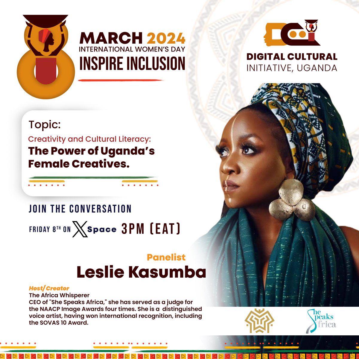 Join us this Friday on women’s day at 3pm EAT for a powerful discussion on the impact of female creatives in Uganda and its diaspora. Don't miss out on insights from talented panelists <a href="/LeeKasumba/">Leslie Kasumba - The Africa Whisperer</a> #DCI #UgandaIsHome