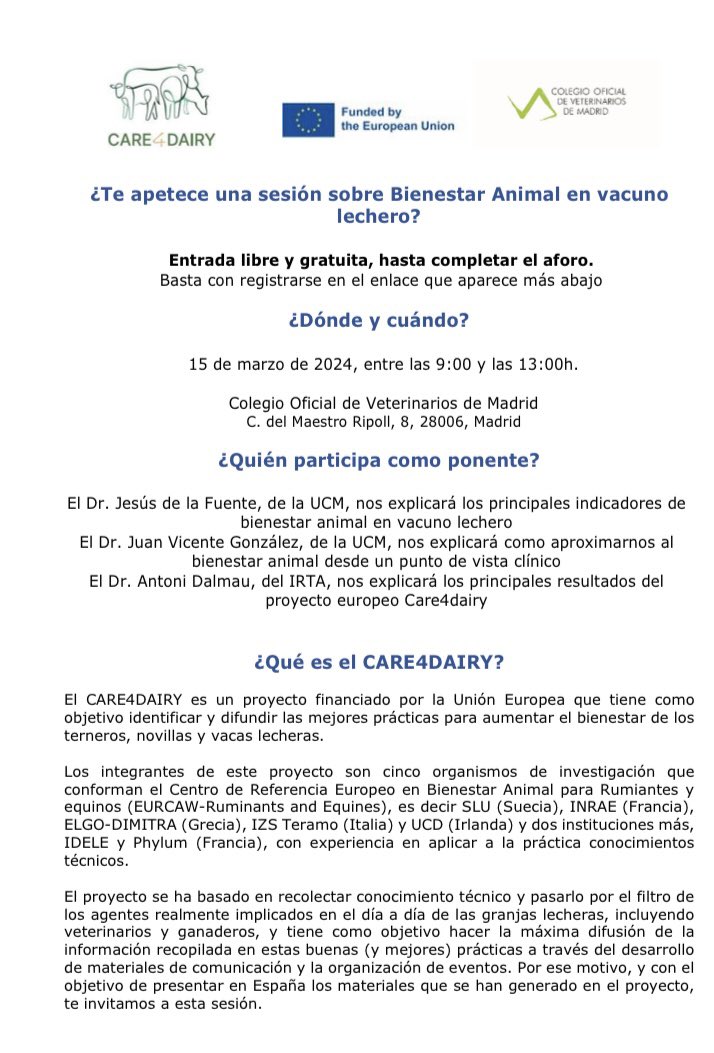 COLVEMA's tweet photo. Investigadores del proyecto europeo CARE4DAIRY, organizan una jornada sobre bienestar en vacuno lechero, en la sede de COLVEMA. 15 de marzo.
✅Entrada libre y gratuita.
👉🏽 https://t.co/o0VLbDAlS9 https://t.co/S3sx17OJru