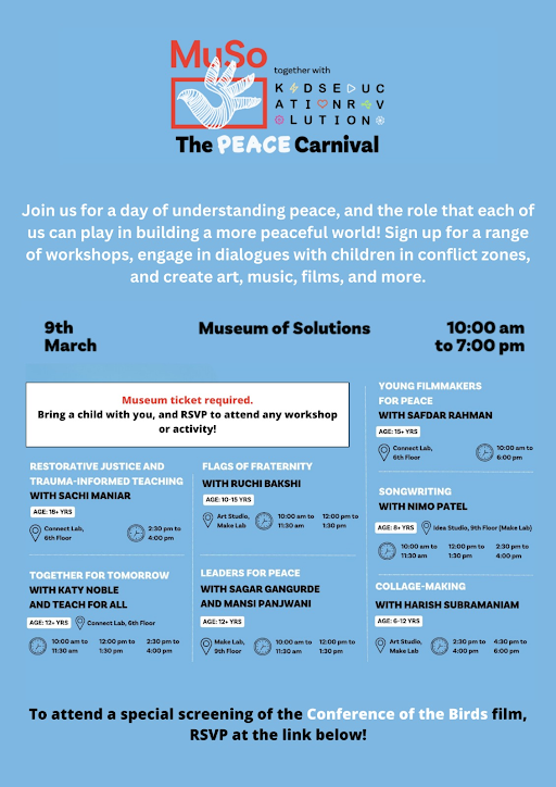 TeachForIndia's tweet image. Link to book tickets: museumofsolutions.in/#/whats-on

#ThePeaceCarnival #MuseumofSolutions #MuSo #TeachforIndia #peace