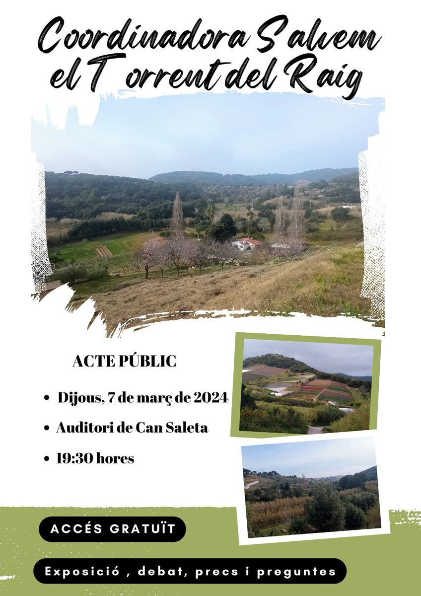 Calellaromana's tweet photo. A #Calella @territoricat i @ajcalella novament tornen a la càrrega. Ara volen trinxar el Torrent del Raig 🌱
Bona part d'associacions del municipi estarem plantant cara al seu projecte matusser i insostenible.
🚩 Avui, a Can Saleta, a les 19:30h.

@CalellaCOM @RadioCalellaTV https://t.co/OfqUL8Fenr
