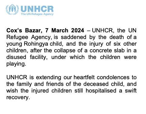 We are saddened by the death of a young Rohingya child after the collapse of a concrete slab in a disused facility, under which several children were playing. UNHCR extends our heartfelt condolences to the family & friends of the deceased child.