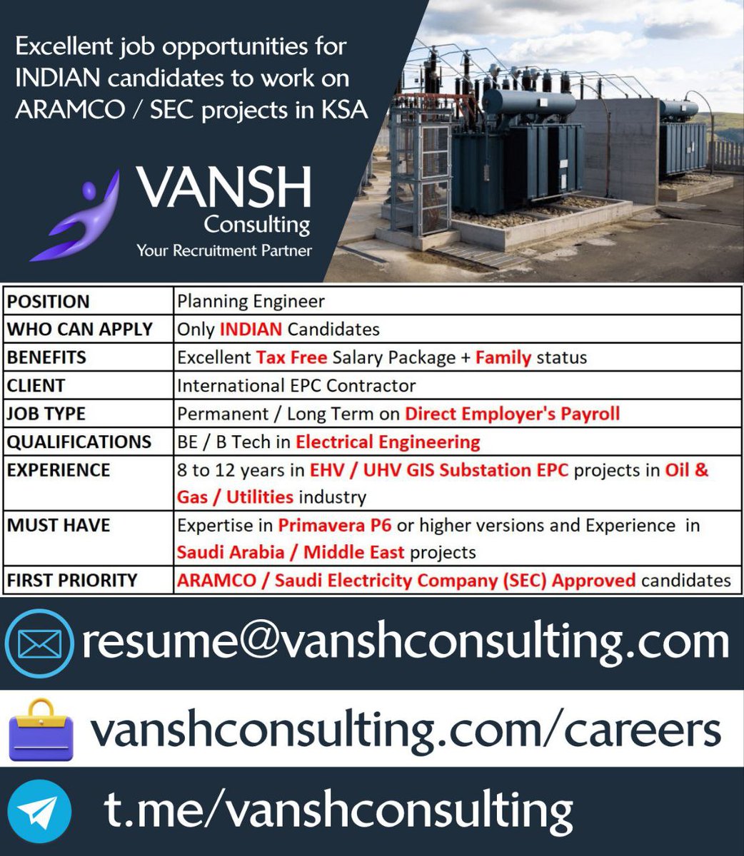 #Hiring #Indian candidates - #PlanningEngineer & #Planner #Scheduler For #substation projects in #SaudiArabia 
#India #Indians #substations  #ARAMCO #SEC #Primavera #PrimaveraP6 #electrical #electricalengineer #electricalengineers #electricalengineering #saudijobs #ksajobs #jobs