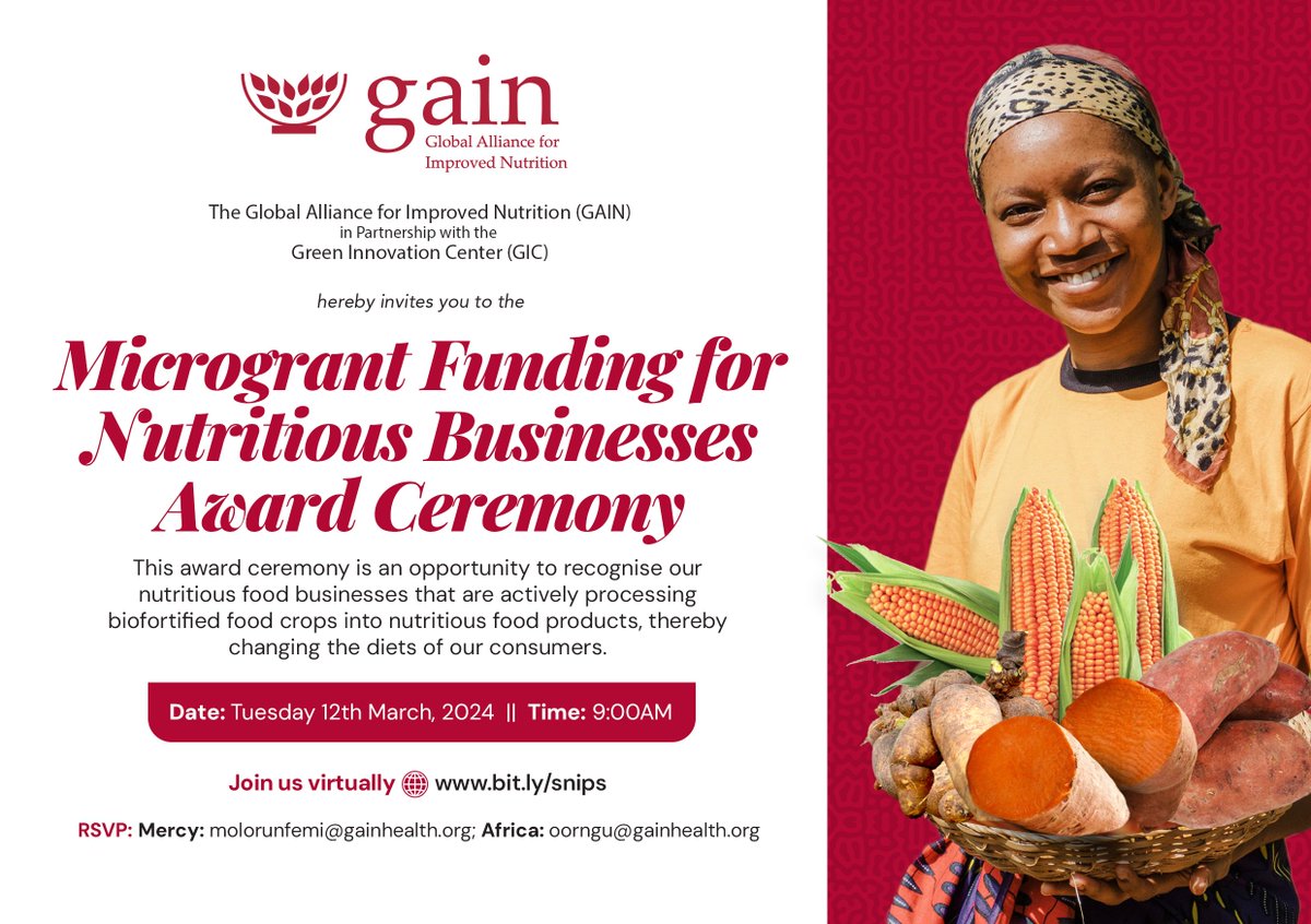 Join us for the Award Ceremony celebrating the winners of our Microgrant Funding for Nutritious Businesses. This ceremony recognizes businesses transforming #biofortified crops into #nutritious food products.🌽🍠 🌐Join us virtually: bit.ly/SNIPS #HealthierDiets4All