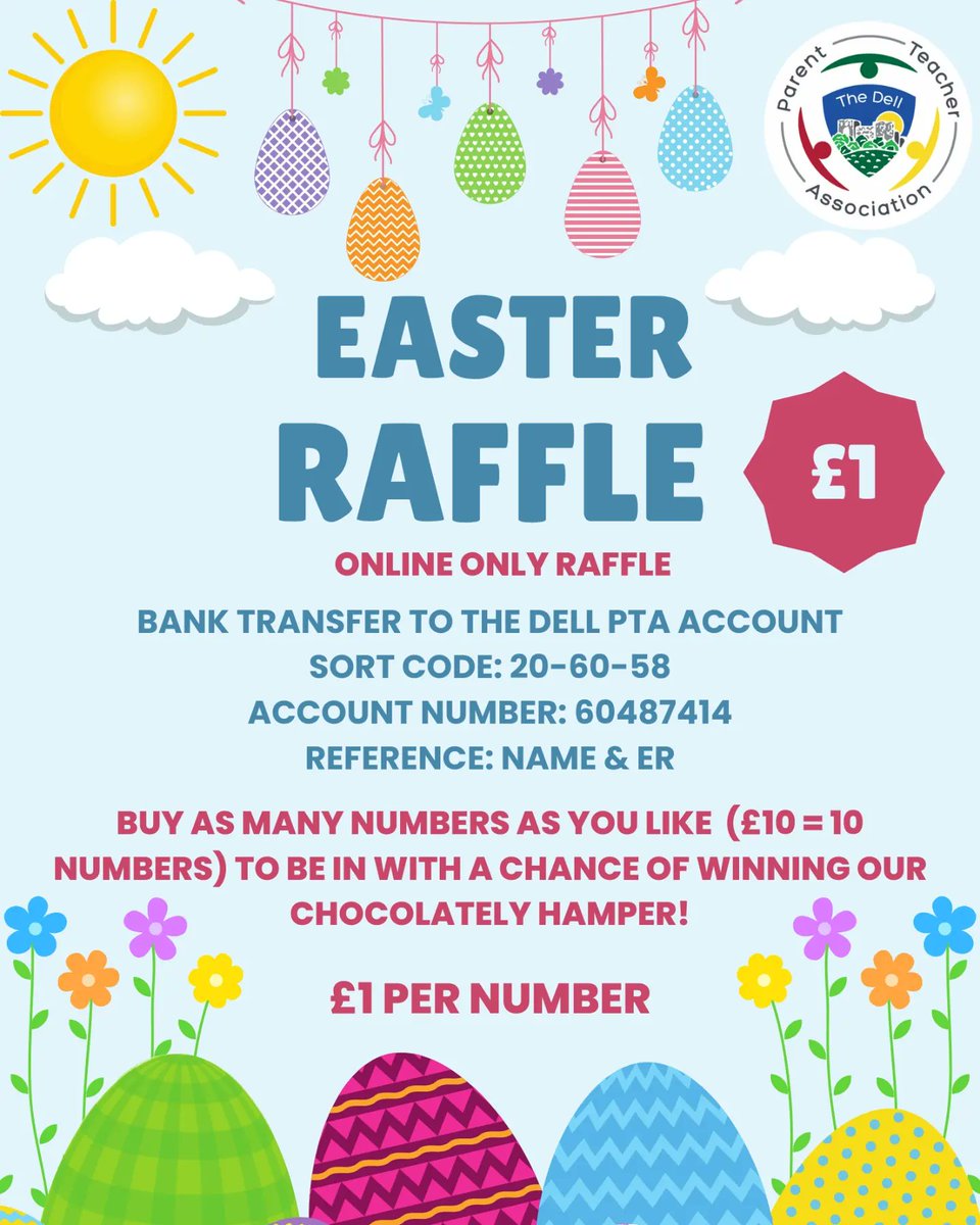 thedellpta's tweet photo. 🐣🐰🐣Easter Hamper Digital Raffle🐣🐰🐣

Winner will be drawn on Wednesday 27th March using a random number generator and announced on the Dell PTA Facebook page.

As always thank you for your continued support, The Dell PTA Team 💙 https://t.co/UEVTNIN0Gn