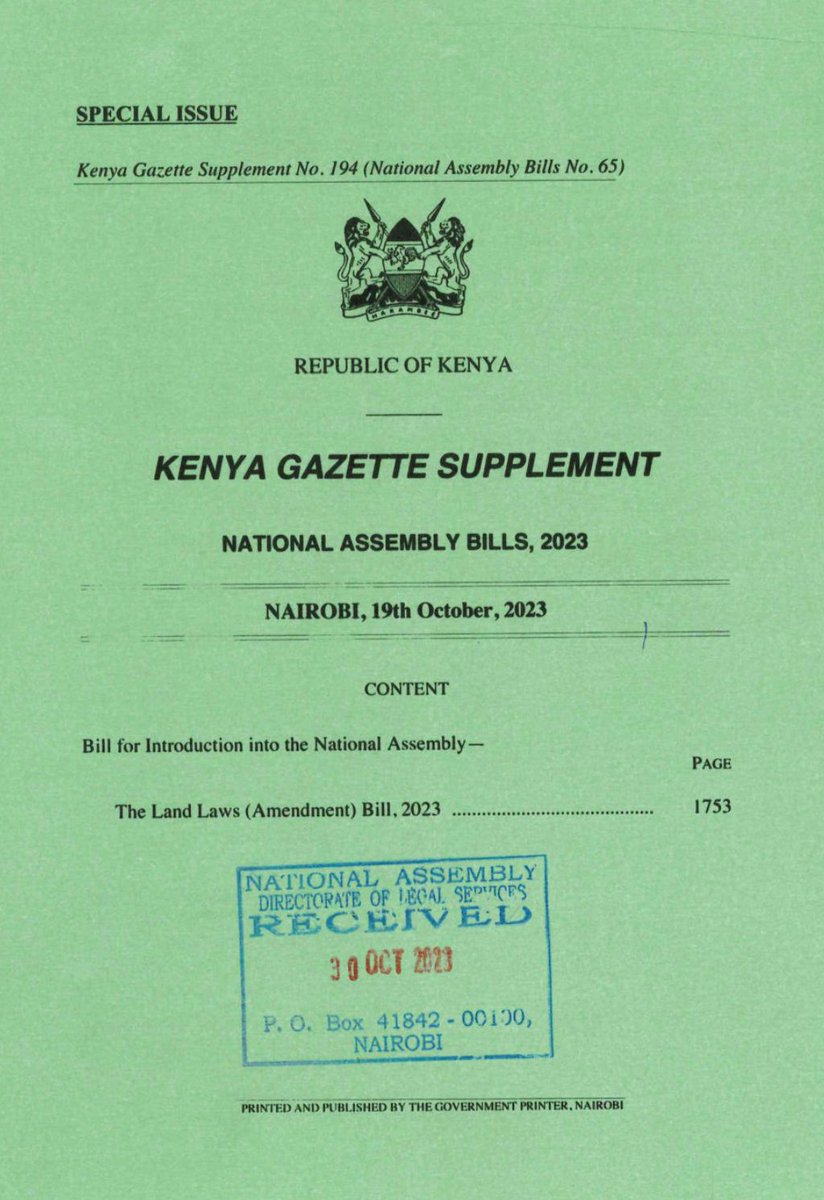 A summary of the Land Laws (Amendment) Bill, 2023.

The bill proposes several amendments to laws that relate to land.
The bill aims to withdraw 2 major functions of <a href="/NLC_Kenya/">National Land Commission</a>  - namely land valuation &amp; compulsory acquisition of land &amp; transfer the functions to the CS, Lands.🧵