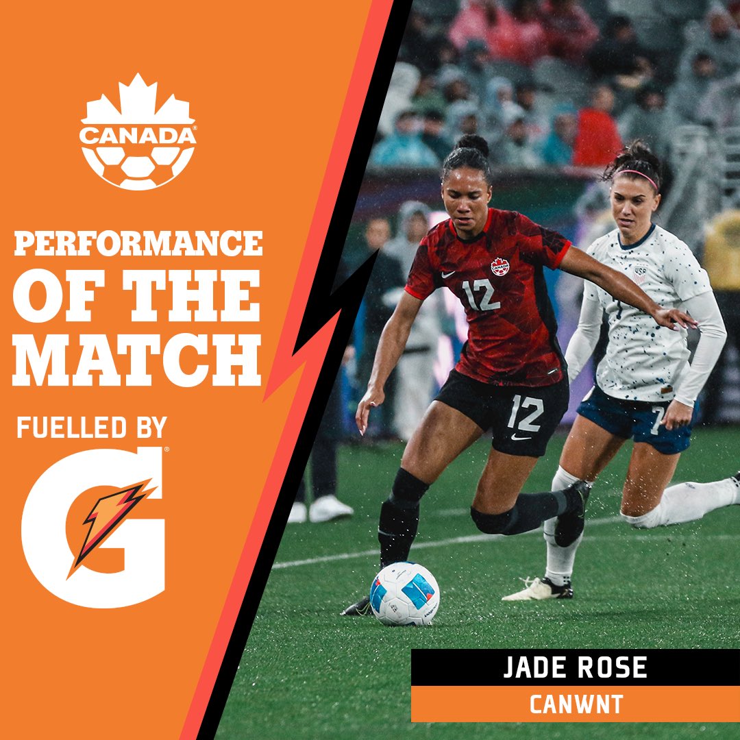 Your @GatoradeCanada Performance of the Match goes to Jade Rose! Jade was solid at the back throughout the match, shutting down countless American attacks. #CANWNT