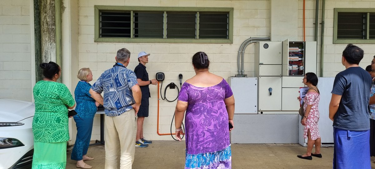 UNDP_Samoa's tweet image. #EV charging station demo today for the #CAPIT project to answer questions raised by members of the Technical Advisory Group. This was done at the One UN House where an electric car &amp;amp; EV charger had already been installed under UNDP's #GreeningMoonshot initiative. #GreenTransport