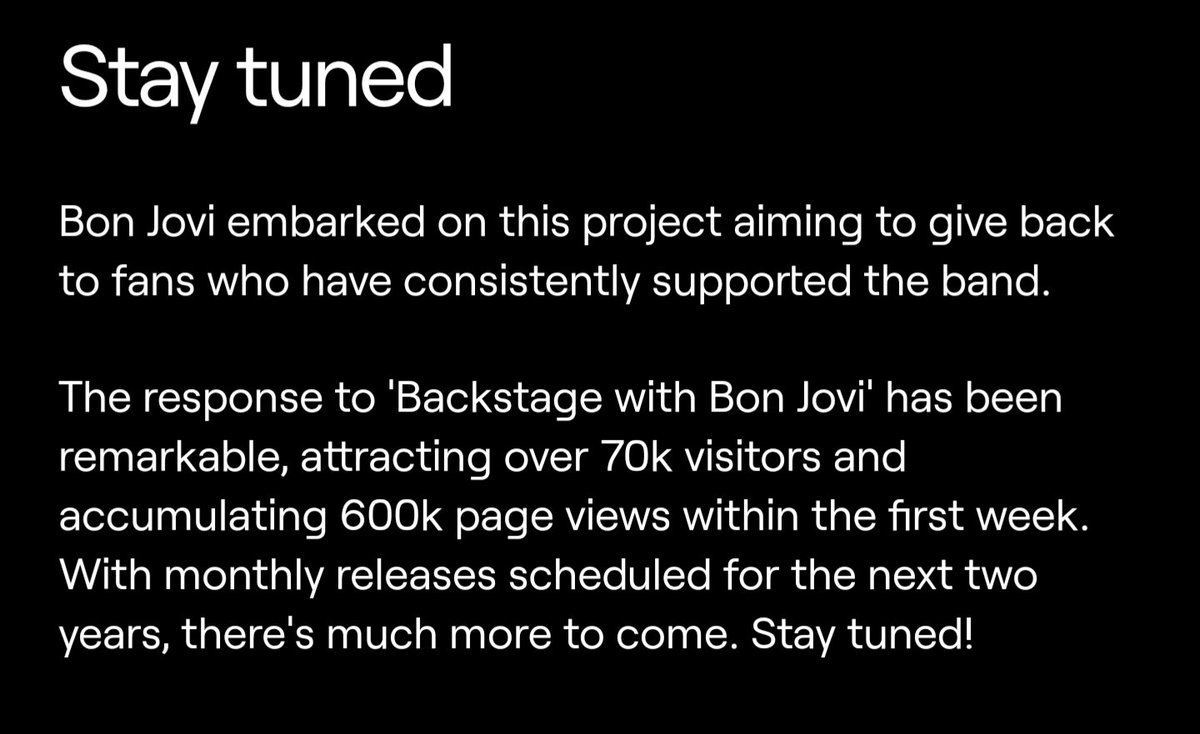 BonJoviTalk's tweet photo. The company who designed 'Backstage With Bon Jovi' has posted on their website that we will get monthly releases scheduled for the next TWO years

Credit - Neverbland https://t.co/5uvXg95jxP