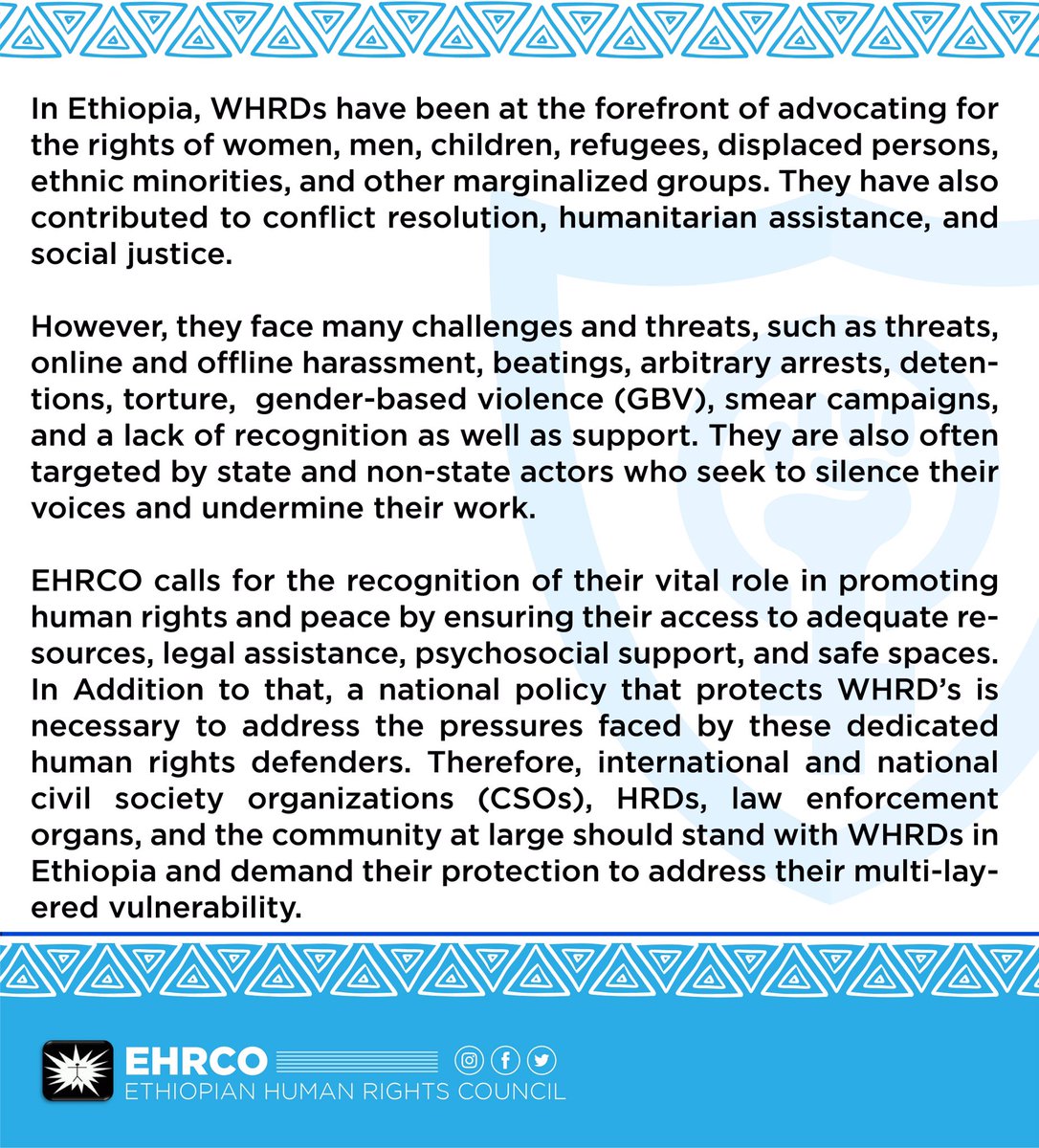 ለሴቶች የሰብአዊ መብት ተሟጋቾች ጥበቃ እንዲደረግ በመወትወት የኢሰመጉን ጥሪ ይቀላቀሉ። Join EHRCO’s call by advocating for the protection of WHRDs.