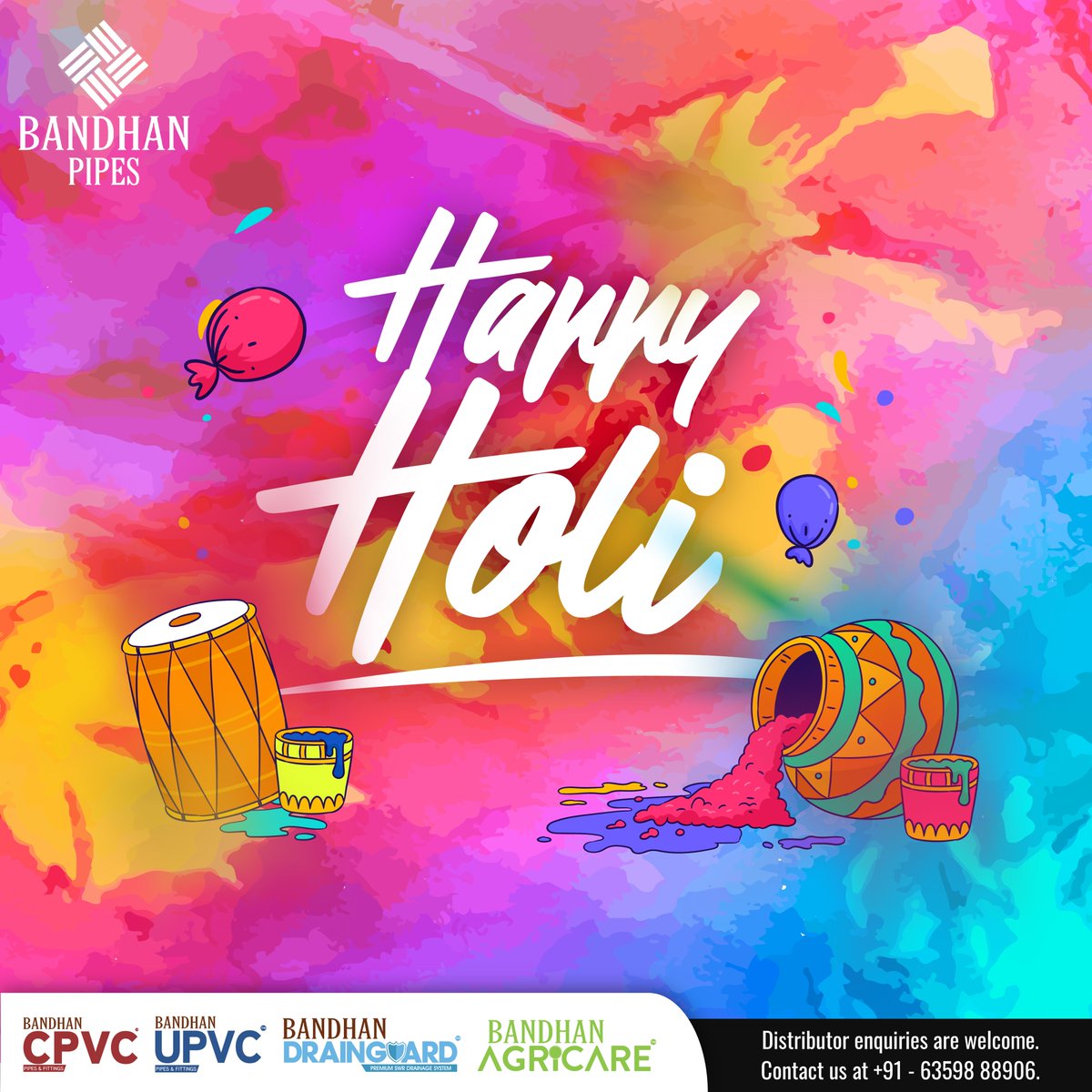 Let the colors of Holi spread the message of peace and happiness. Wishing you all a vibrant and joyous Holi! 🎨🌈 . . #HappyHoli #FestivalOfColors #bandhanpipes #drainguard #SochoBandhanPipes #pipes #plumbing #pvc #pvcpipes #industry #cpvc #upvc #swr #waterpipes #water
