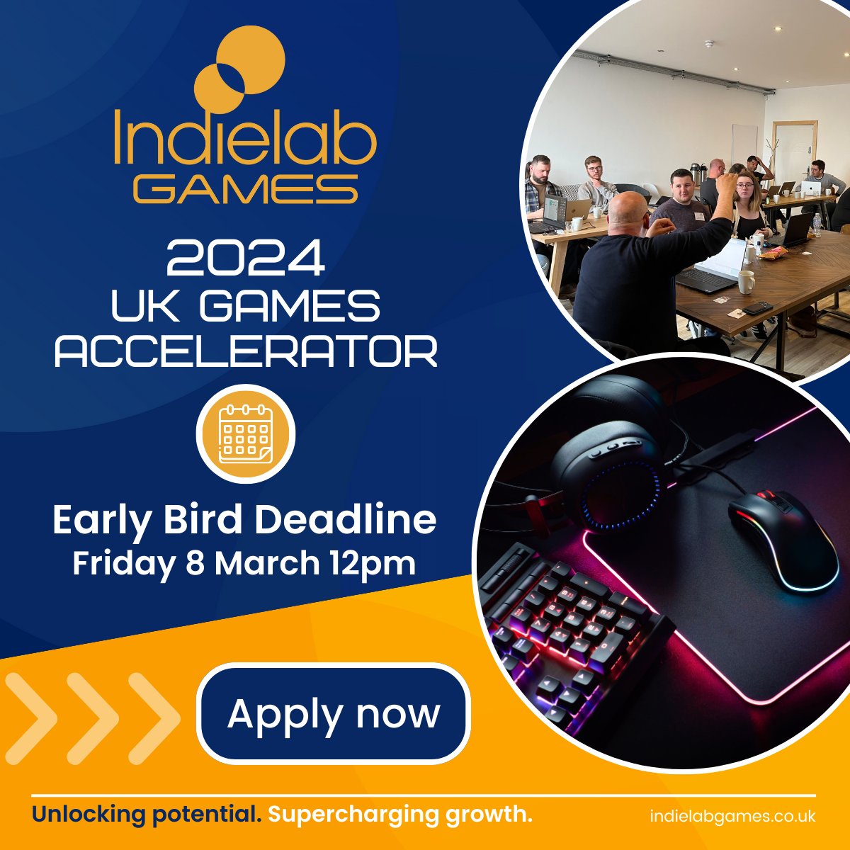 IndielabGames's tweet photo. ⏰ Reminder! Apply to our 2024 UK Games Accelerator before Friday 8 March to take advantage of our early bird offer. Don't miss the chance to discover how our programme can hep ⏩ accelerate the growth of your studio 🚀. For more details 👉 https://t.co/T2zPugicVt https://t.co/DDYGwfnVwm