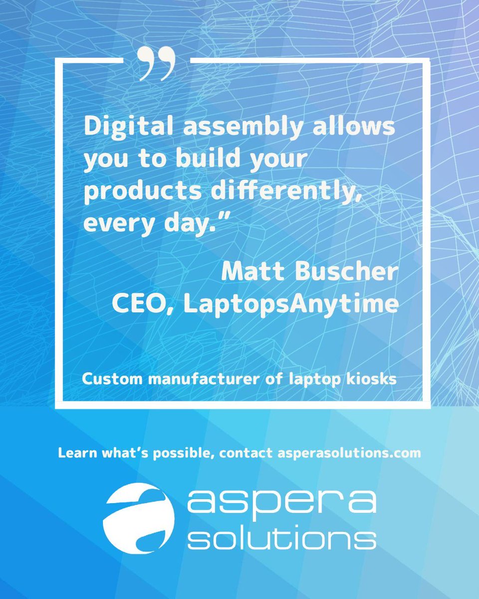 How does a custom manufacturer use digital assembly to thrive?
Learn more from the Manufacturing the Future Podcast, contact Aspera for details

buff.ly/3JHsift

#security 
#manufacturing 
#manufacturingerp
#digitaltransformation 
#cloud 
#clouderp 
#saas 
#erpsoftware