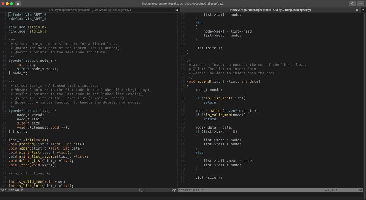the_nanafox's tweet photo. Day 3 of 90 #VimArmy Coding Journey.

"I was supposed to post this yesterday but wasn't available. Sorry about that 😅."

I did some more recursion exercises using singly linked lists. In this version, I am printing nodes (in reverse as all) in the list.

@vim_army - Hoo Haa. https://t.co/QIyPsMv6BH