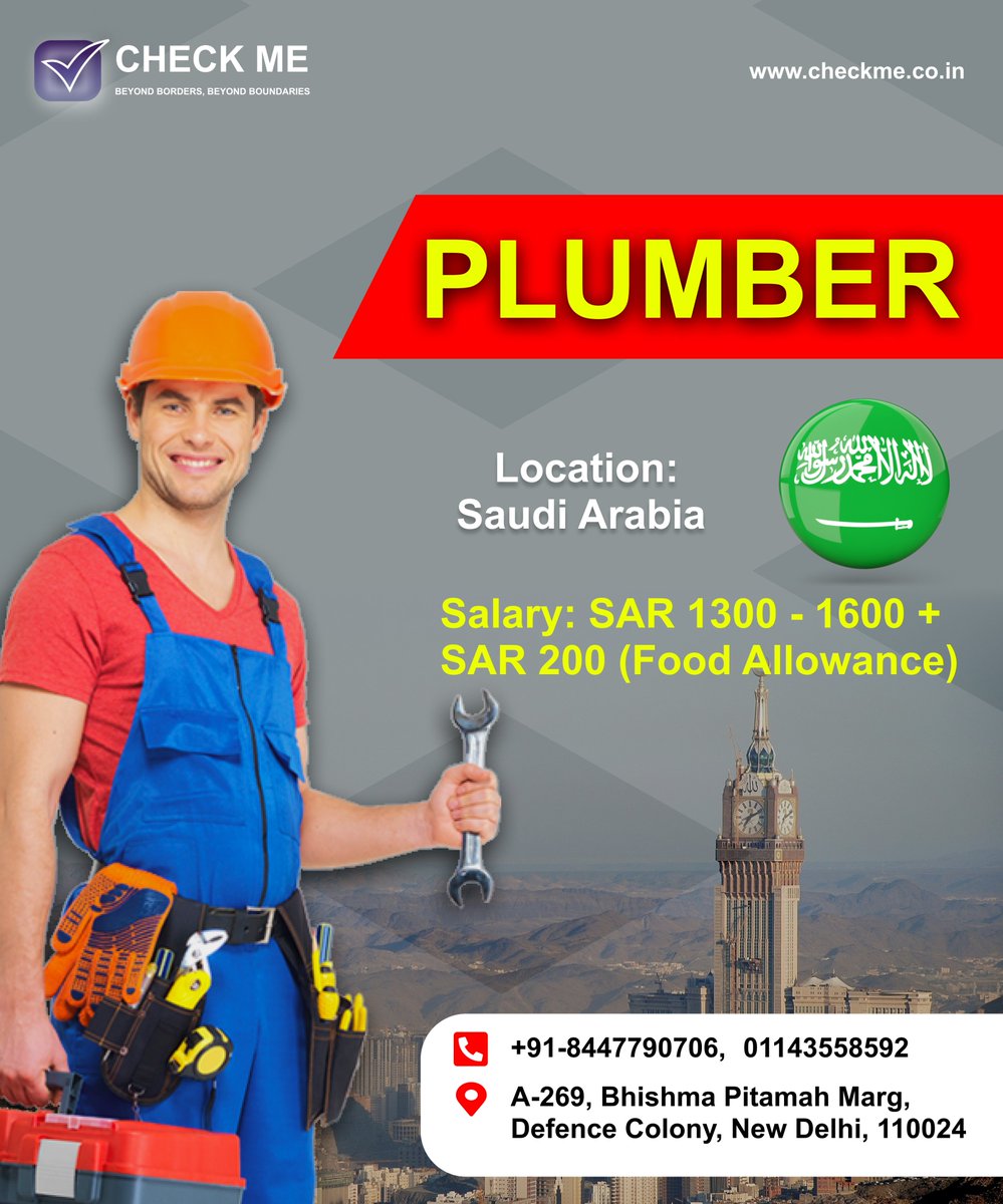 Job Title: Plumber

Location: Saudi Arabia

Salary: SAR 1300 - 1600 + SAR 200 (Food Allowance)

Contact: +91-8447790706, 01143558592

Address: A-269, Bhishma Pitamah Marg, Defence Colony, New Delhi, 110024

#Plumber  #plumberjobs #SaudiArabiaPlumber #plumbingcareer #plumbingjobs